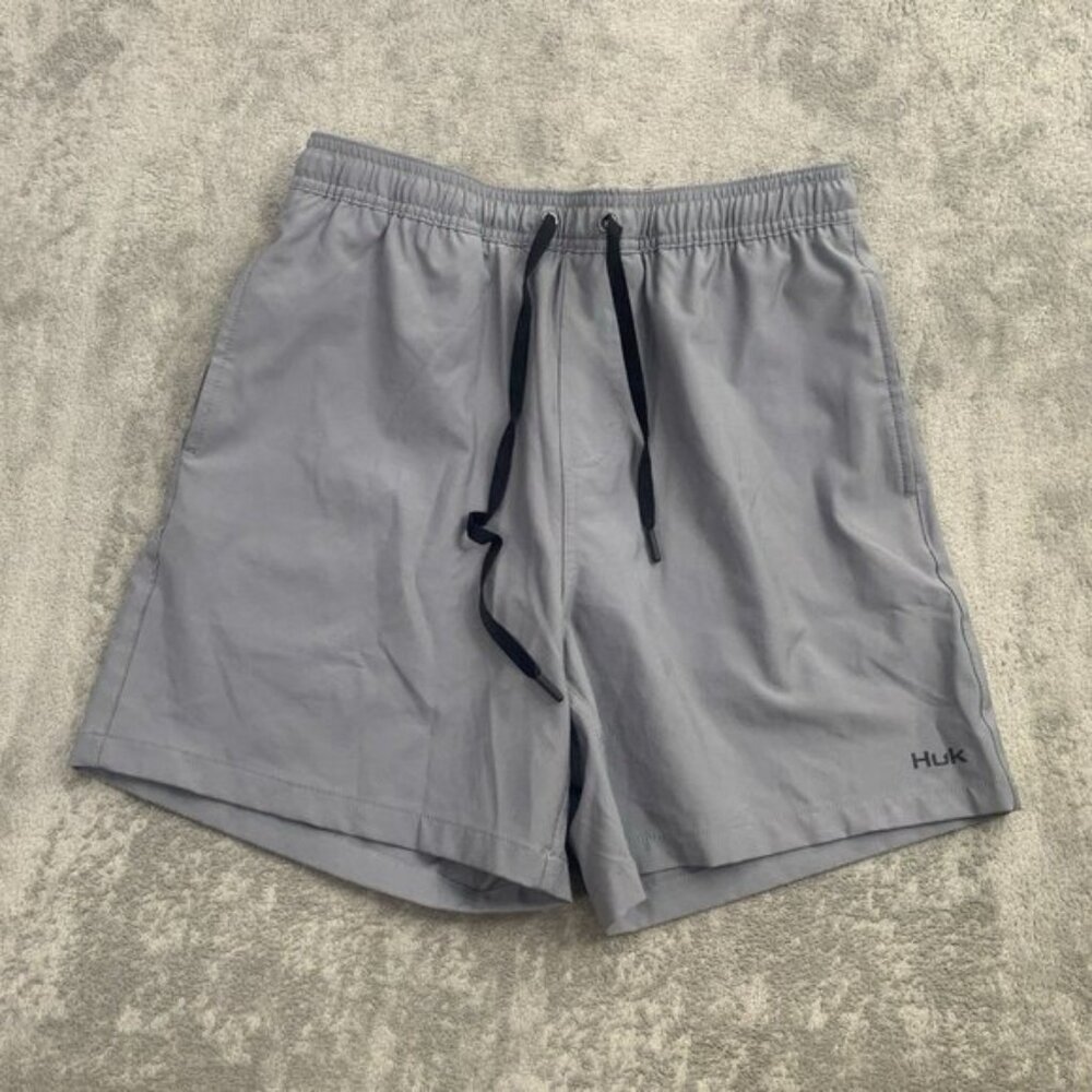 Huk Fishing Pursuit Volley Swim Shorts Mens Small Gray Lined Stretch Solid Fish